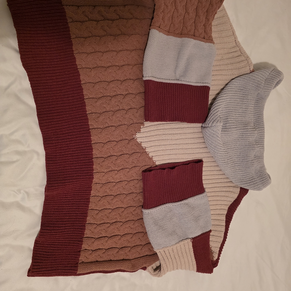 POL Burgundy and Beige Cable Knit Cardigan